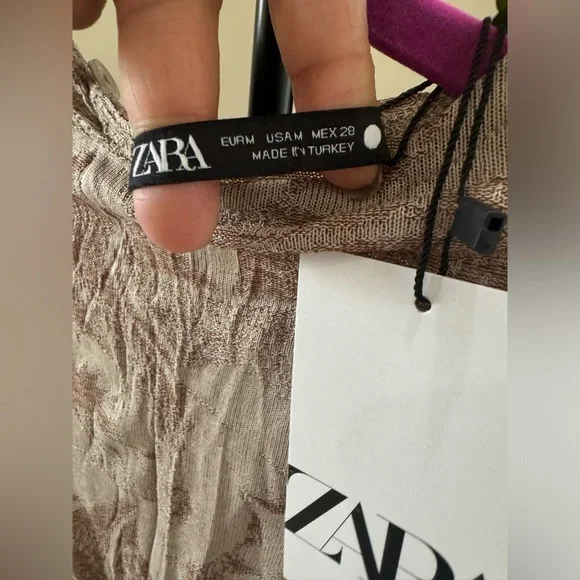 Zara Jacquard Midi Tie Waist Crinkle Detail Dress Brown Full sleeves high neck M - Picture 7 of 17